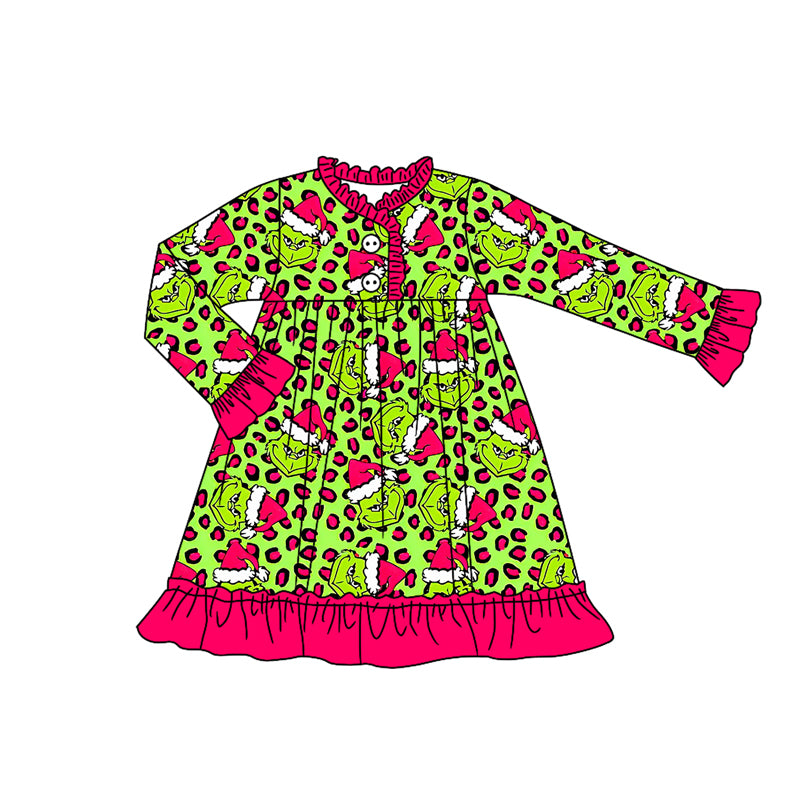 GLD1254 Baby Girls Christmas Green Face Leopard Button Ruffle Knee Length Dress D 1022