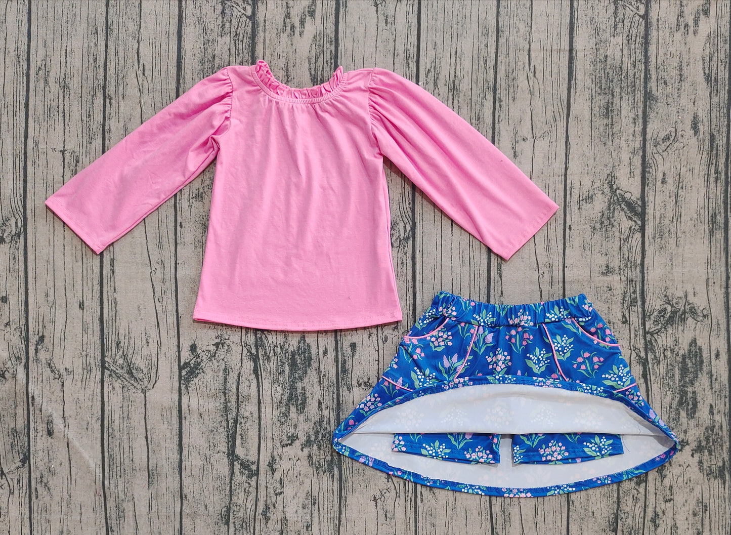 presale GLD1256 Baby Girls Pink Long Sleeves Shirts Top Floral Pockets Skirts Set D 8.5