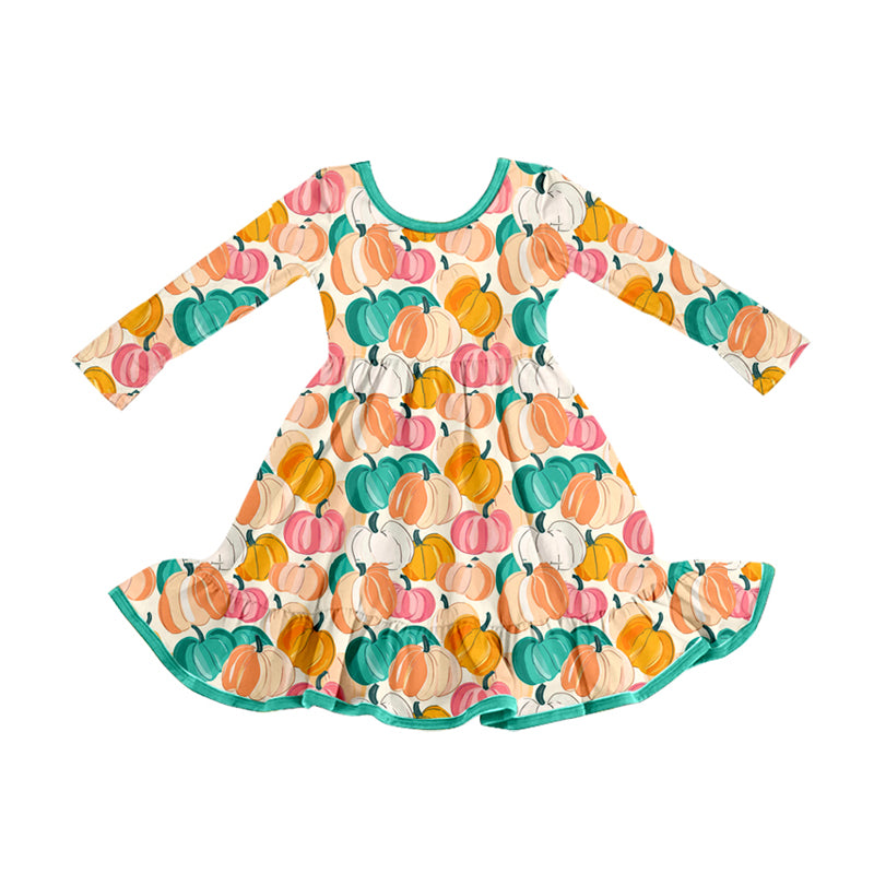 presale GLD1264 Baby Girls Colorful Pumpkins Plaid Fall Ruffle Knee Length Dresses D 8.7