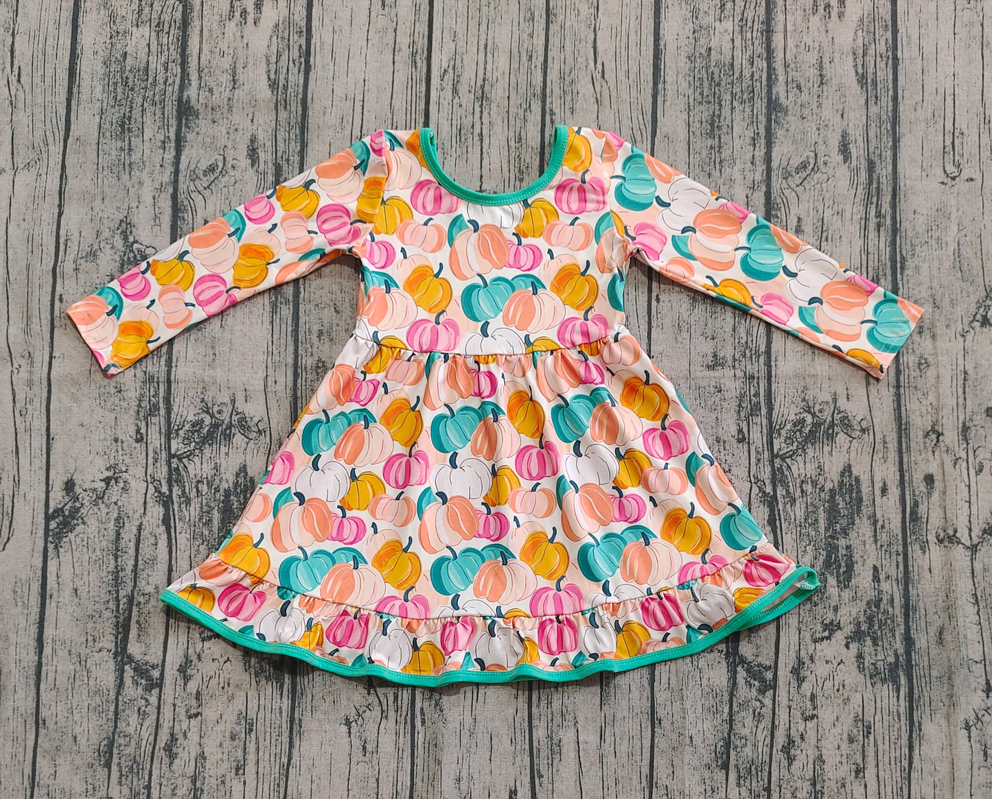 presale GLD1264 Baby Girls Colorful Pumpkins Plaid Fall Ruffle Knee Length Dresses D 8.7