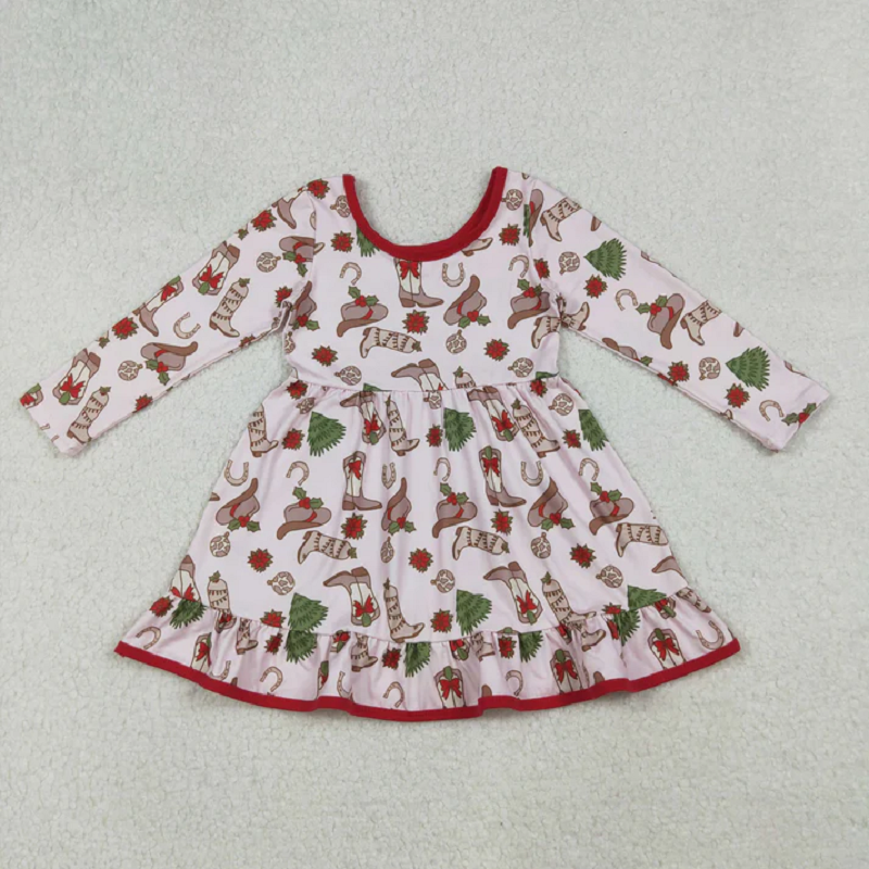 Sibling Baby Girls Boots Holly Trees Christmas Knee Length Dress Zipper Rompers Pajamas Sets D 919