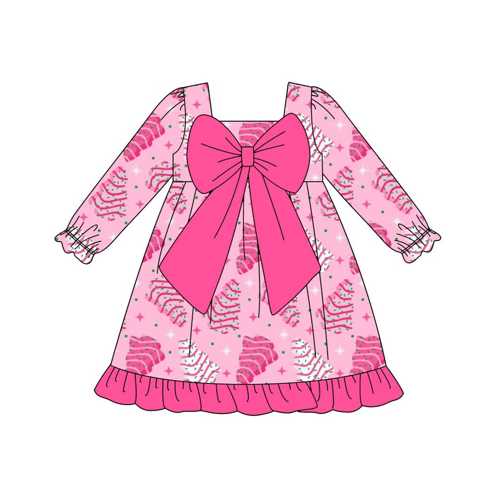 presale GLD1276 Baby Girls Pink Christmas Trees Stars Bows Ruffle Knee Length Dresses D 905