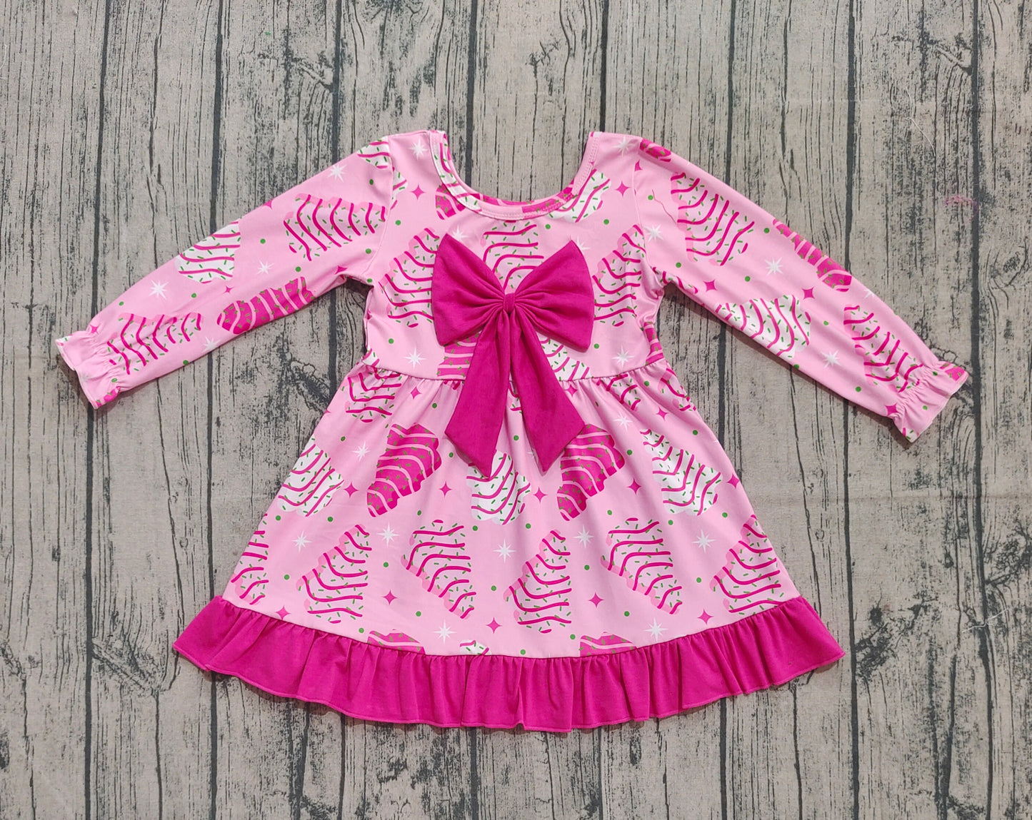 presale GLD1276 Baby Girls Pink Christmas Trees Stars Bows Ruffle Knee Length Dresses D 905