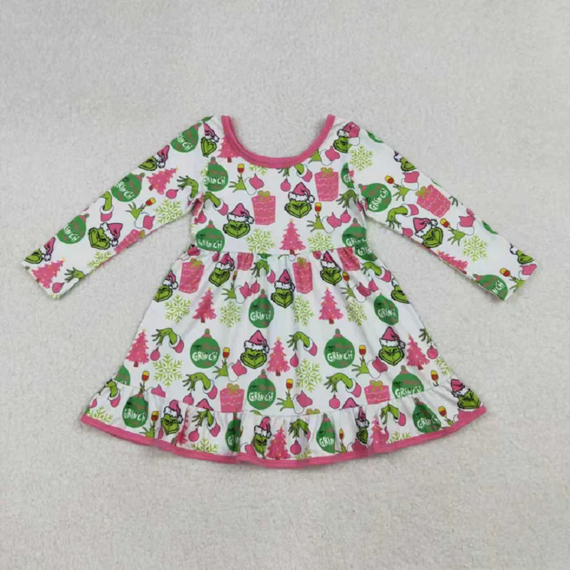 Sibling Baby Girls Green Faces Trees Lights Christmas Ruffle Knee Length Dress Pajamas Sets Footie Rompers D 926