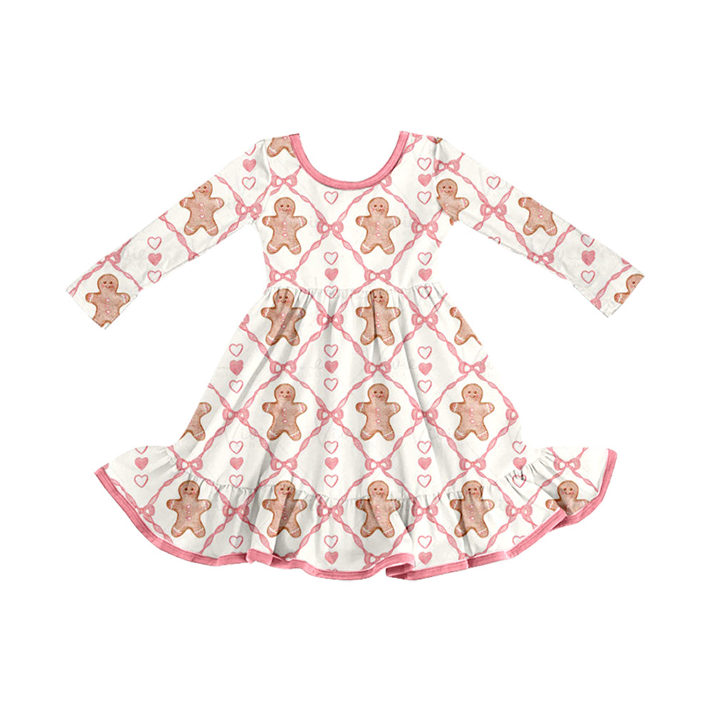 presale GLD1278 Baby Girls Pink Hearts Gingerbread Plaid Christmas Knee Length Dresses D 821
