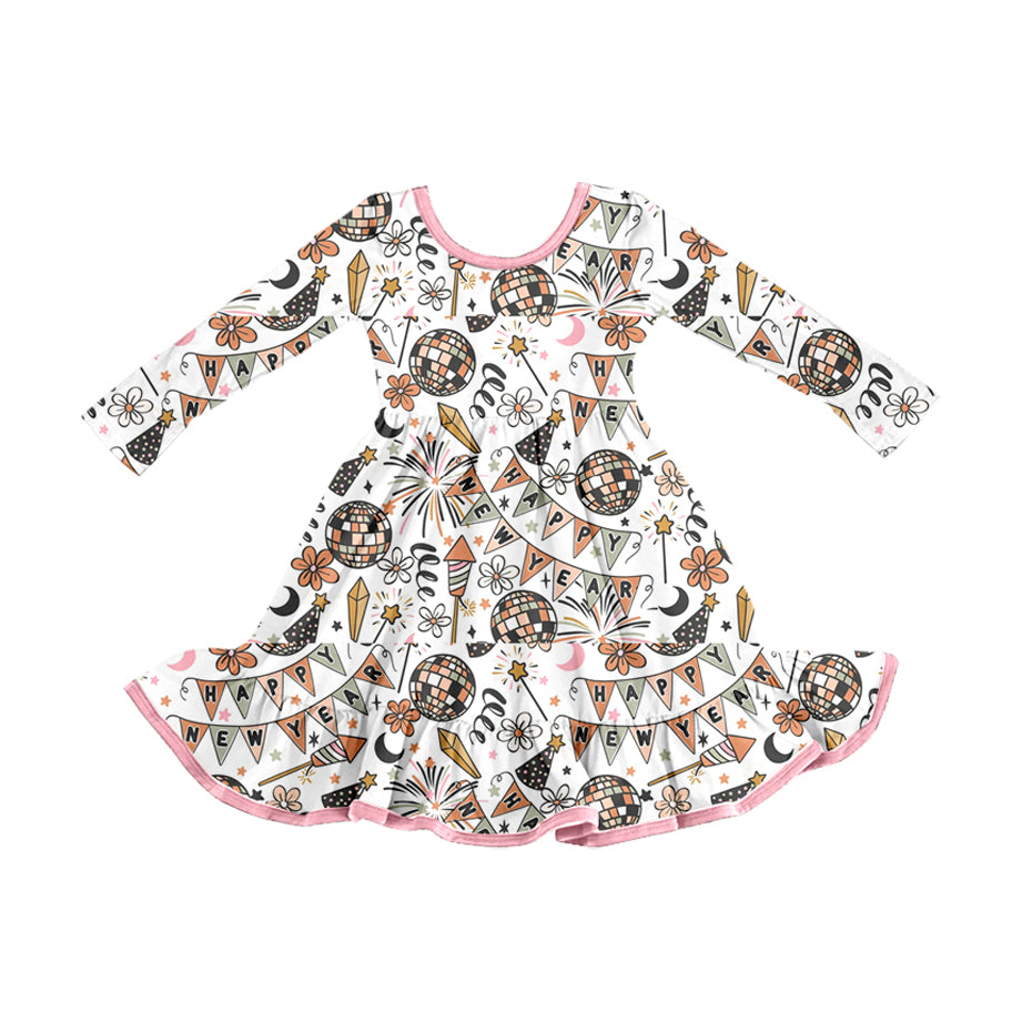 presale GLD1282 Baby Girls Happy New Year Ruffle Knee Length Dresses D 902