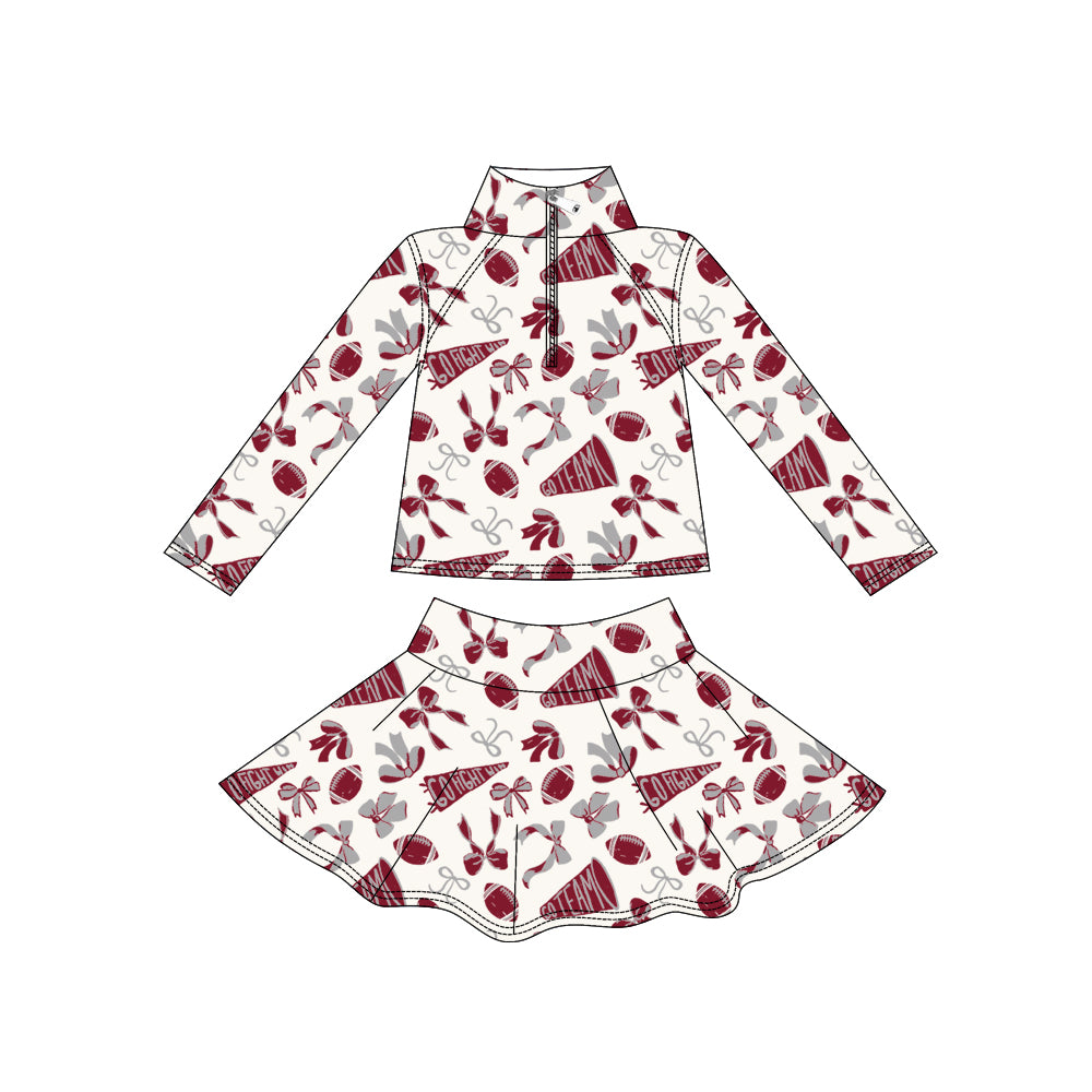 presale GLD1284 Baby Girls Dark Red Bows Go Team Yoga Zipper Pullovers Skorts Clothes Set D 906