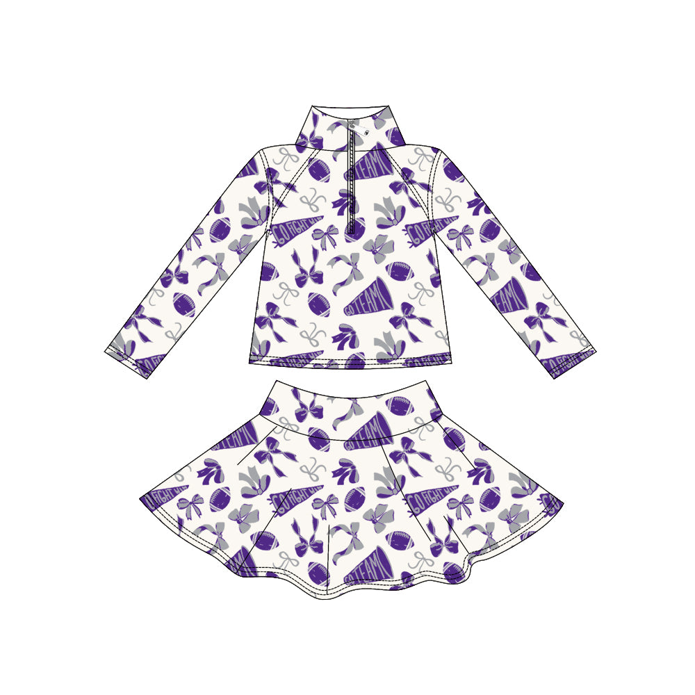 presale GLD1287 Baby Girls Purple Bows Go Team Yoga Zipper Pullovers Skorts Clothes Set D 906