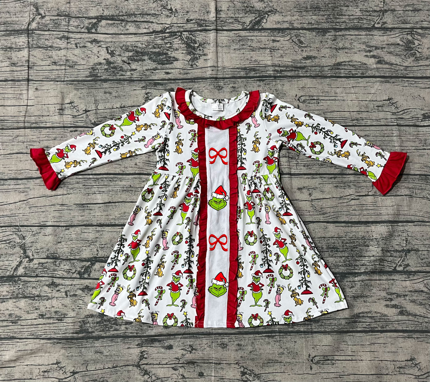 GLD1289 Embroidery Baby Girls Green Face Miss Bows Christmas Knee Length Dresses D 1022