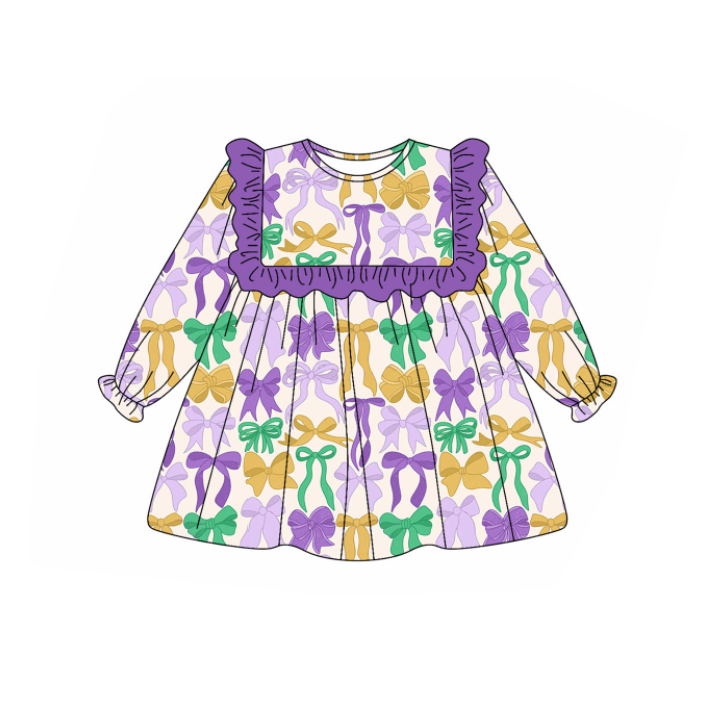 presale GLD1295 Baby Girls Mardi Gras Bows Ruffle Knee Length Dress D 909