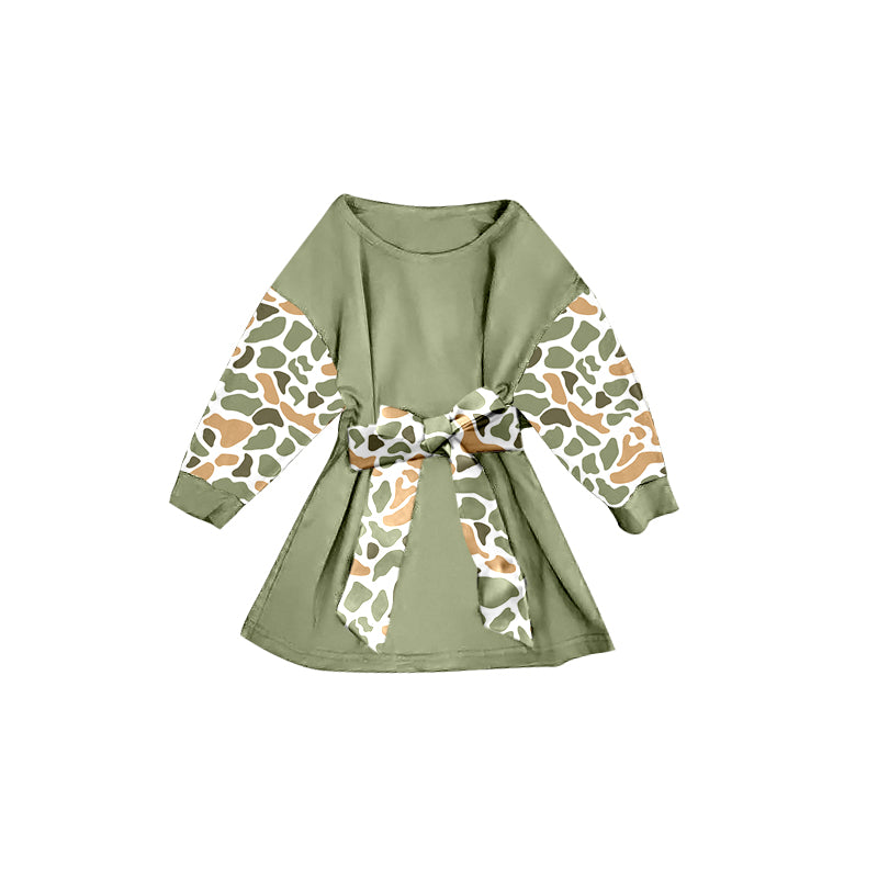 presale GLD1301 Baby Girls Green Camo Long Sleeve Belt Western Knee Length Dresses D 911