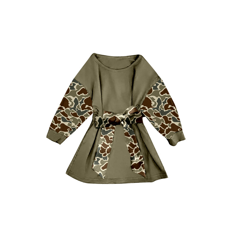 presale GLD1303 Baby Girls Olive Camo Long Sleeve Belt Western Knee Length Dresses D 911