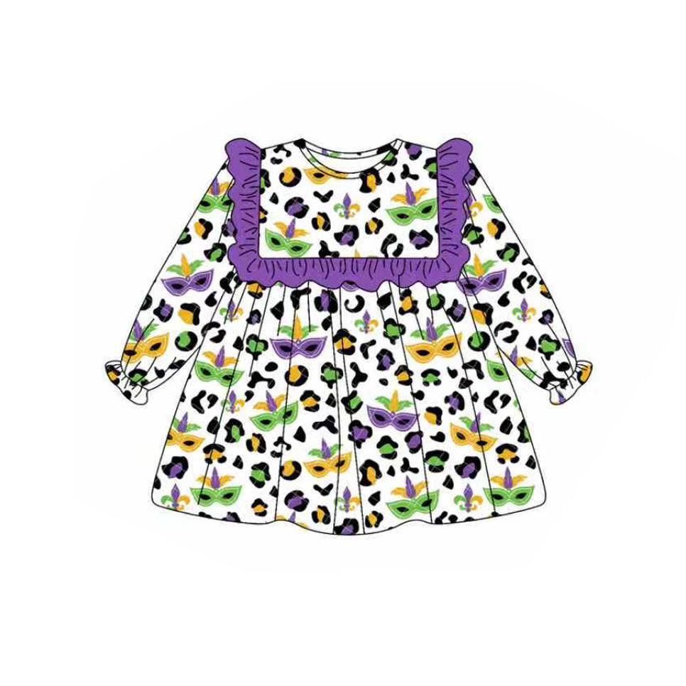 presale GLD1319 Baby Girls Purple Green Yellow Leopard Masks Mardigras Knee Length Dress D 912