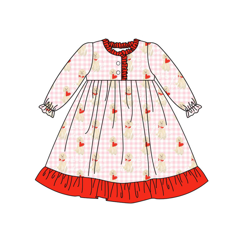 GLD1322 Baby Girls Pink Checked Dogs Hearts Button Ruffle Valentine Knee Length Dress D 1023