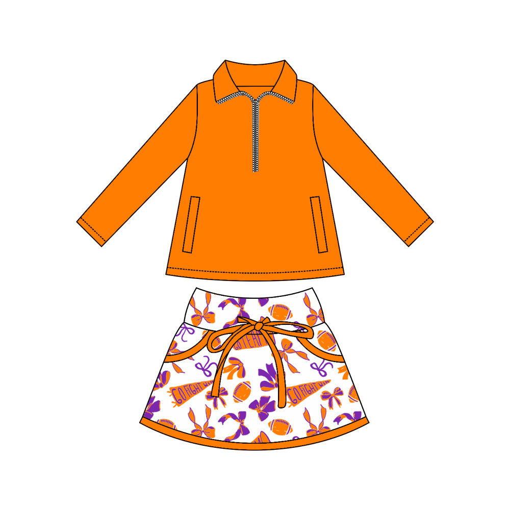presale GLD1338 Baby Girls Orange Zipper Pullovers Pockets Team Skorts Yoga Clothes Set D 923