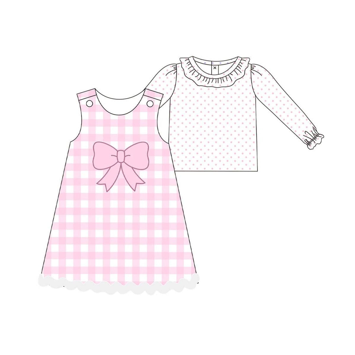 presale GLD1357 Baby Girls Pink Polka Dots Top Checked Knee Length Dress 2 Piece Clothes Sets D 930