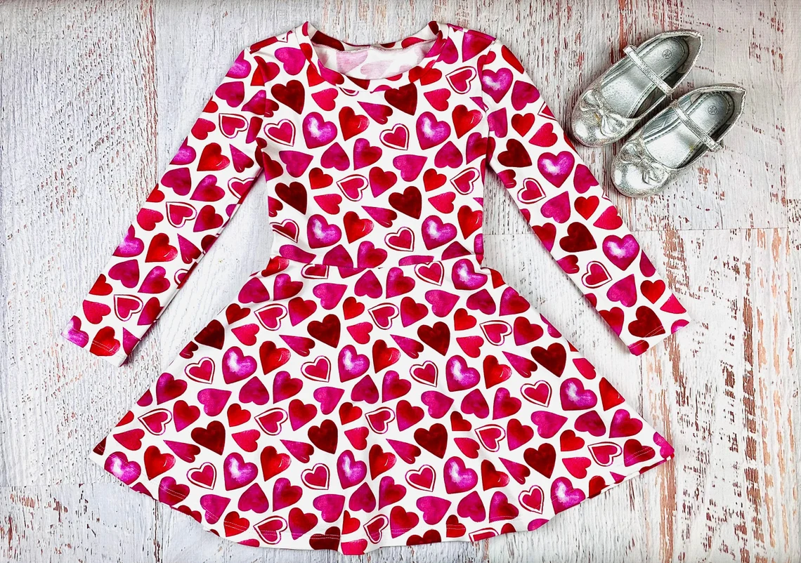 presale GLD1378 Baby Girls Red Hearts Plaid Valentine Knee Length Dresses D 1009