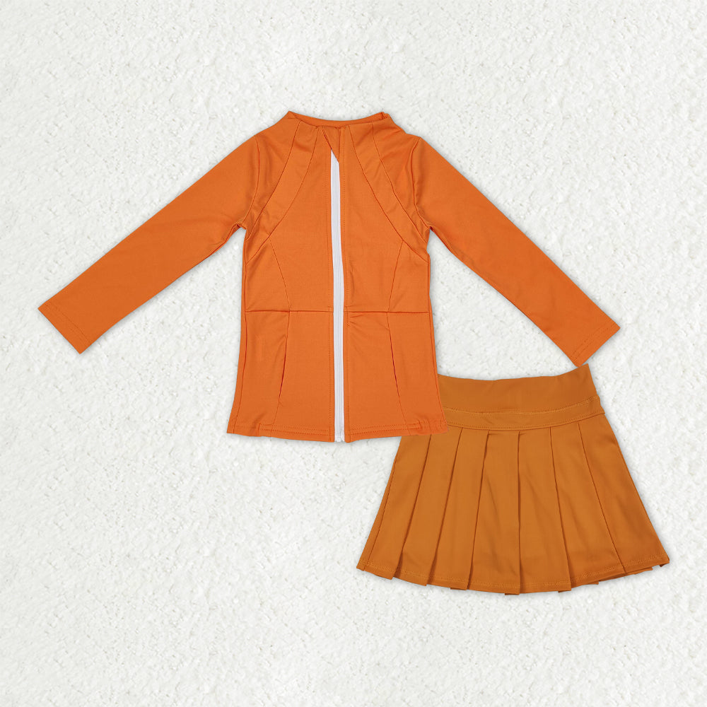 GLD1382 Baby Girls Orange Zipper Pockets Jackets Skirt Shorts Yoga Active Clothes Sets D 1014