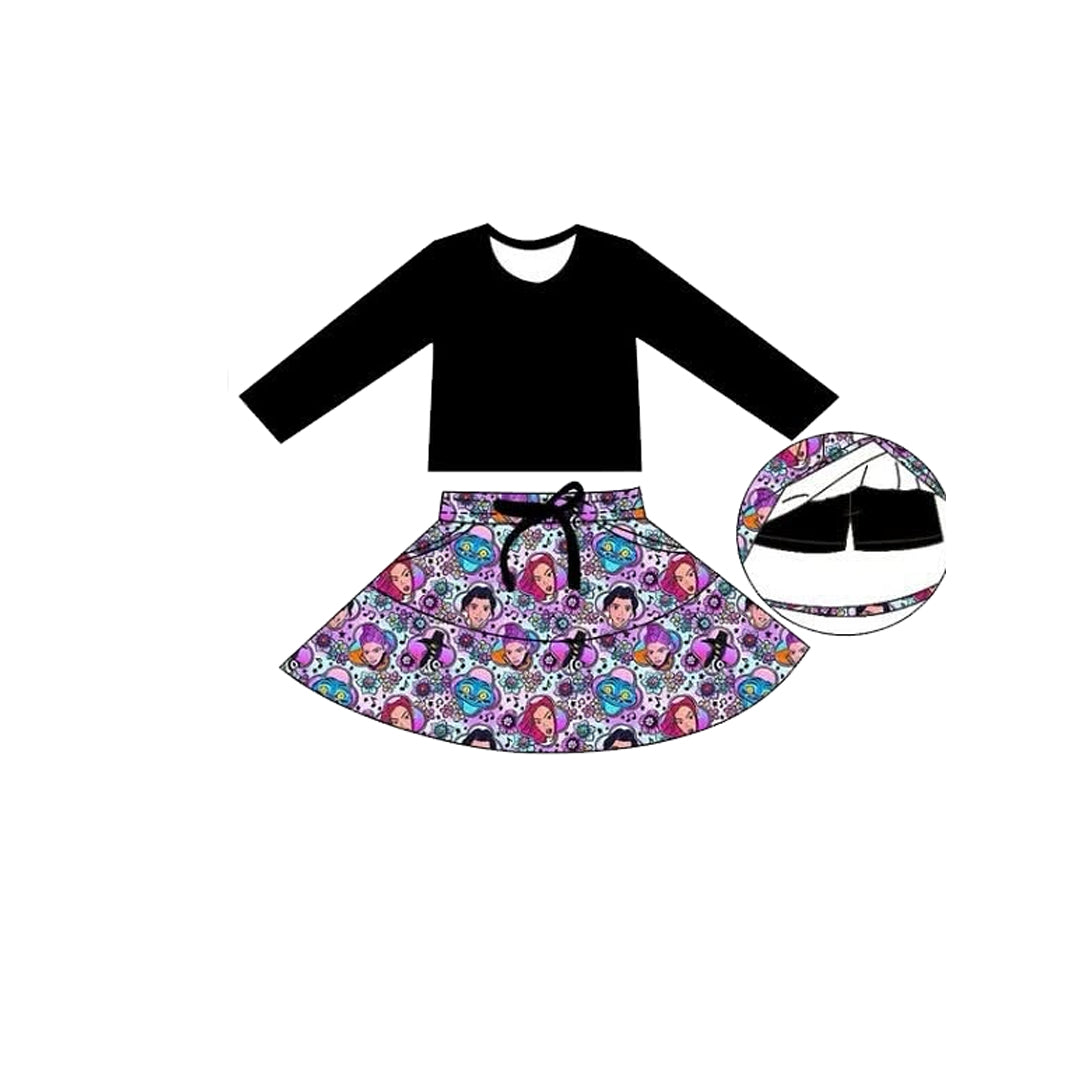 presale GLD1425 Baby Girls Black Long Sleeve Top Cartoon Girls Pockets Skirt Shorts Clothes Sets D 1104