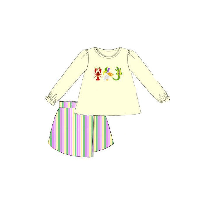 presale GLD1431 Baby Girls Mardigras Crayfish Crocodiles Tunic Stripe Skirts Clothes Sets D 1114
