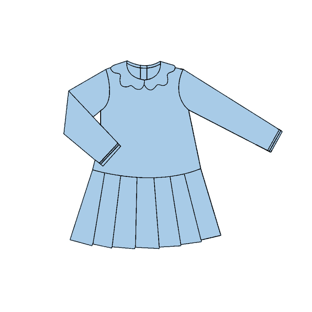 presale GLD1454 Baby Girls Blue Long Sleeve Collar Pleated Yoga Knee Length Dresses D 1118