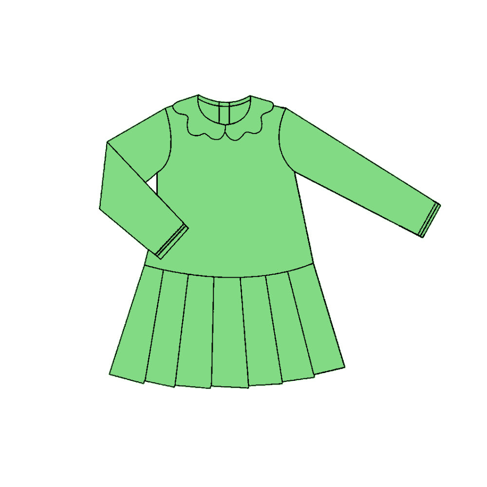 presale GLD1457 Baby Girls Green Long Sleeve Collar Pleated Yoga Knee Length Dresses D 1118