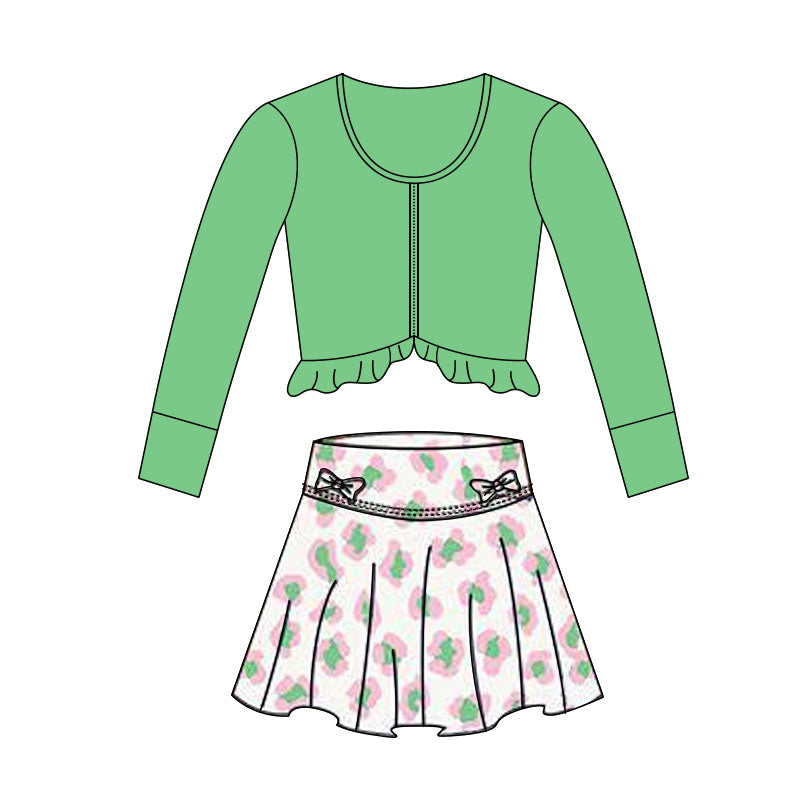 presale GLD1463 Baby Girls Green Zipper Jackets Leopard Bows Skirts Shorts Yoga Clothes Sets D 1118