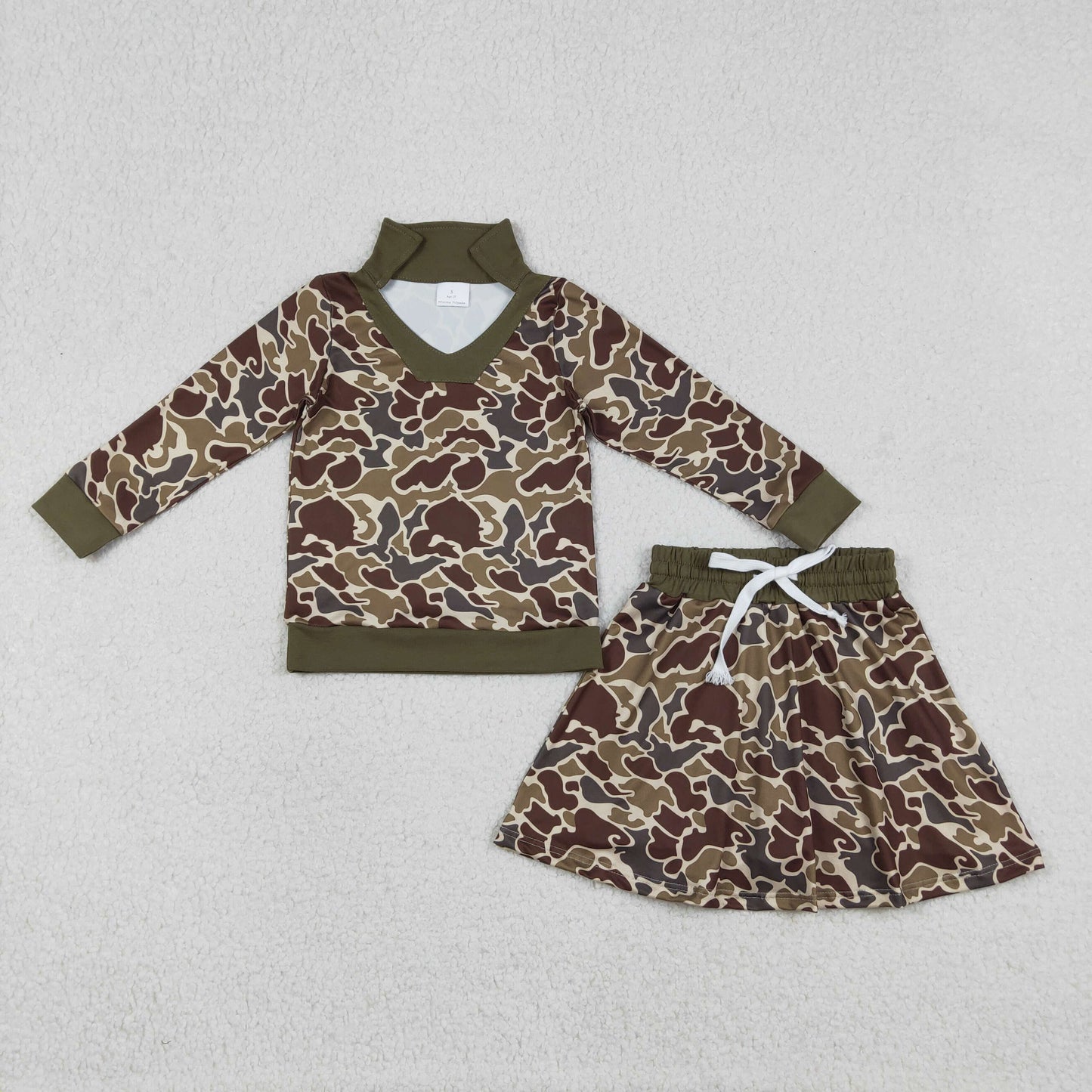 Sibling Baby Girls Southern Khaki Camo Long Sleeve Top with Skirts And Shorts Outfit Set Brown Camo Print Huntin Theme Baby Clothing Set