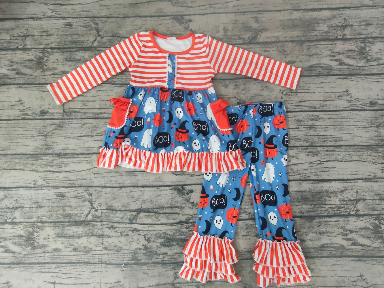 GLP0077 Baby Girls Halloween Ghost Orange Stripe Pants Sets D 906