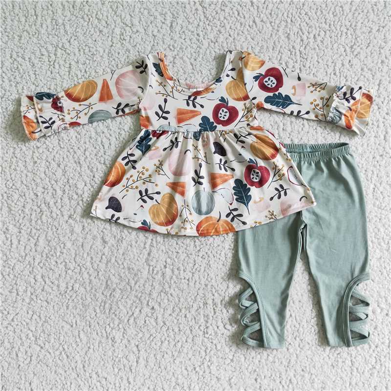 GLP0113 Girls Autumn Pumpkin Apple Long Sleeve Pants Suit D 908