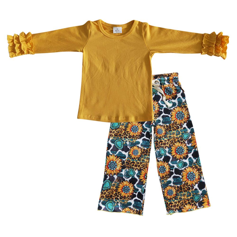GLP0474 Baby Girls Mustard Shirts Sunflower Pants Clothing Sets D 906