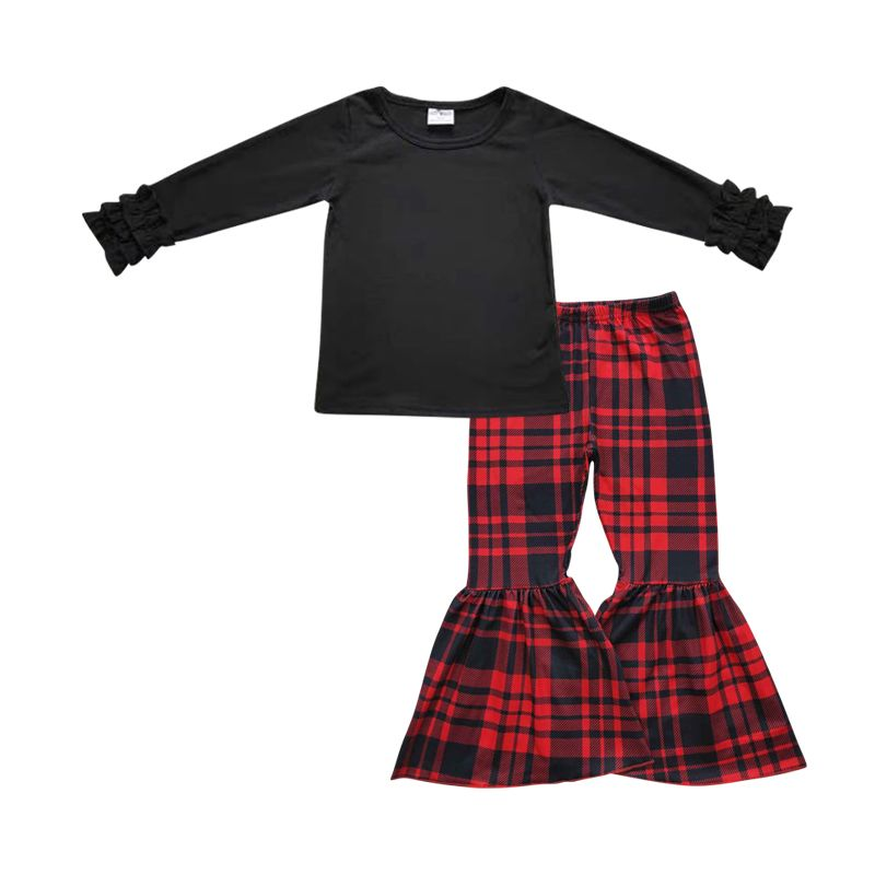 GLP0476 Baby Girls Black Shirt Plaid Bell Pants clothes sets D 906