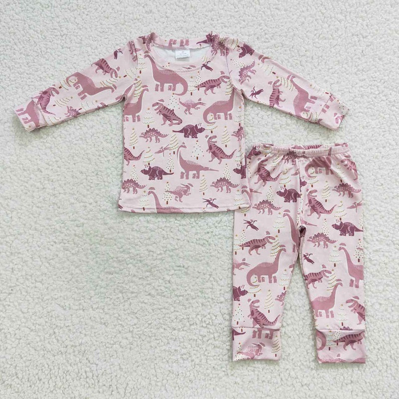 GLP0482 Christmas Tree Pink Dinosaur Long Sleeve Pants Set