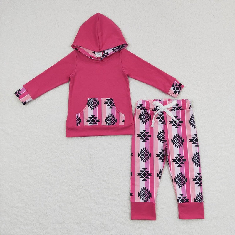 GLP0780 Geometric pocket rose red hooded long-sleeved trousers suit