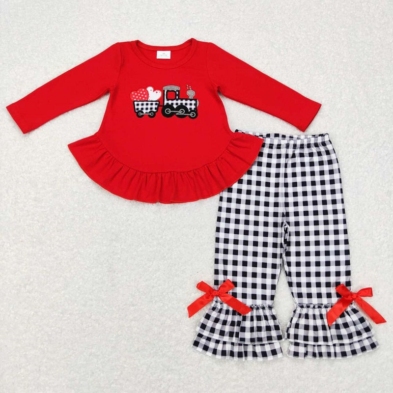 GLP0908 Embroidery Love Tractor Red Lace Long Sleeve Black and White Plaid Pants Suit 3.10
