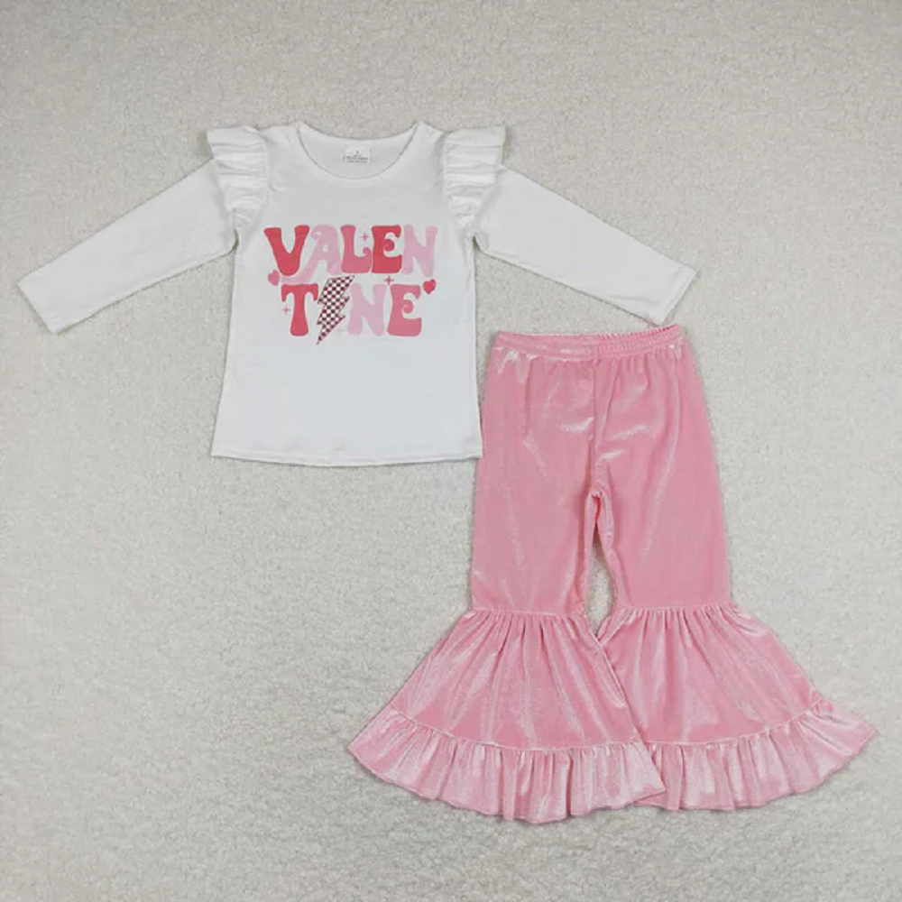 GLP1141 Baby Girls White Valentines Shirt Top Velvet Bell Pants Clothes Sets
