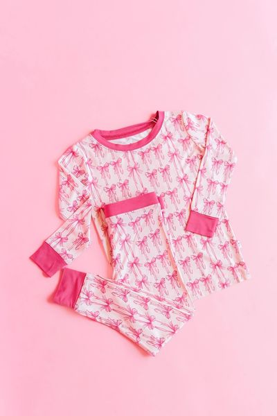 GLP1214 Bow pattern pink and white long-sleeved trousers pajama set