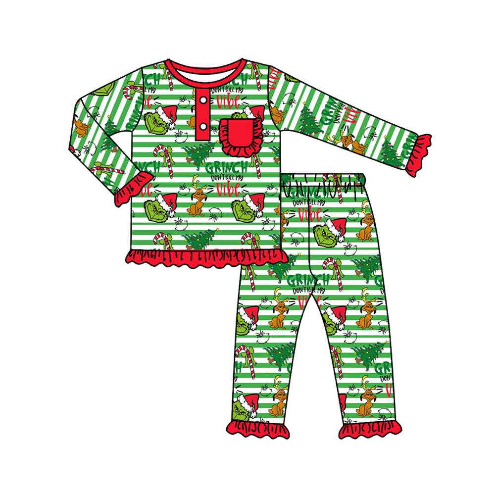 GLP1228 Puppy Christmas Tree Red Lace Pocket Green Striped Long Sleeve Pants Pajama Set