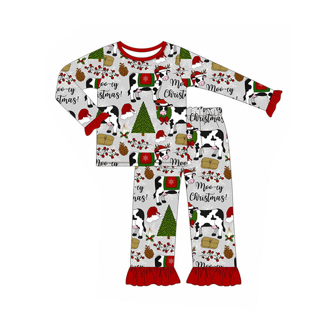 GLP1243 Christmas tree cow gray red lace long-sleeved trousers pajama set