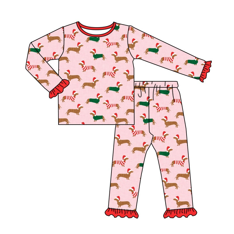 GLP1244 Bamboo Christmas Hat Puppy Pink Long Sleeve Pants Pajama Set