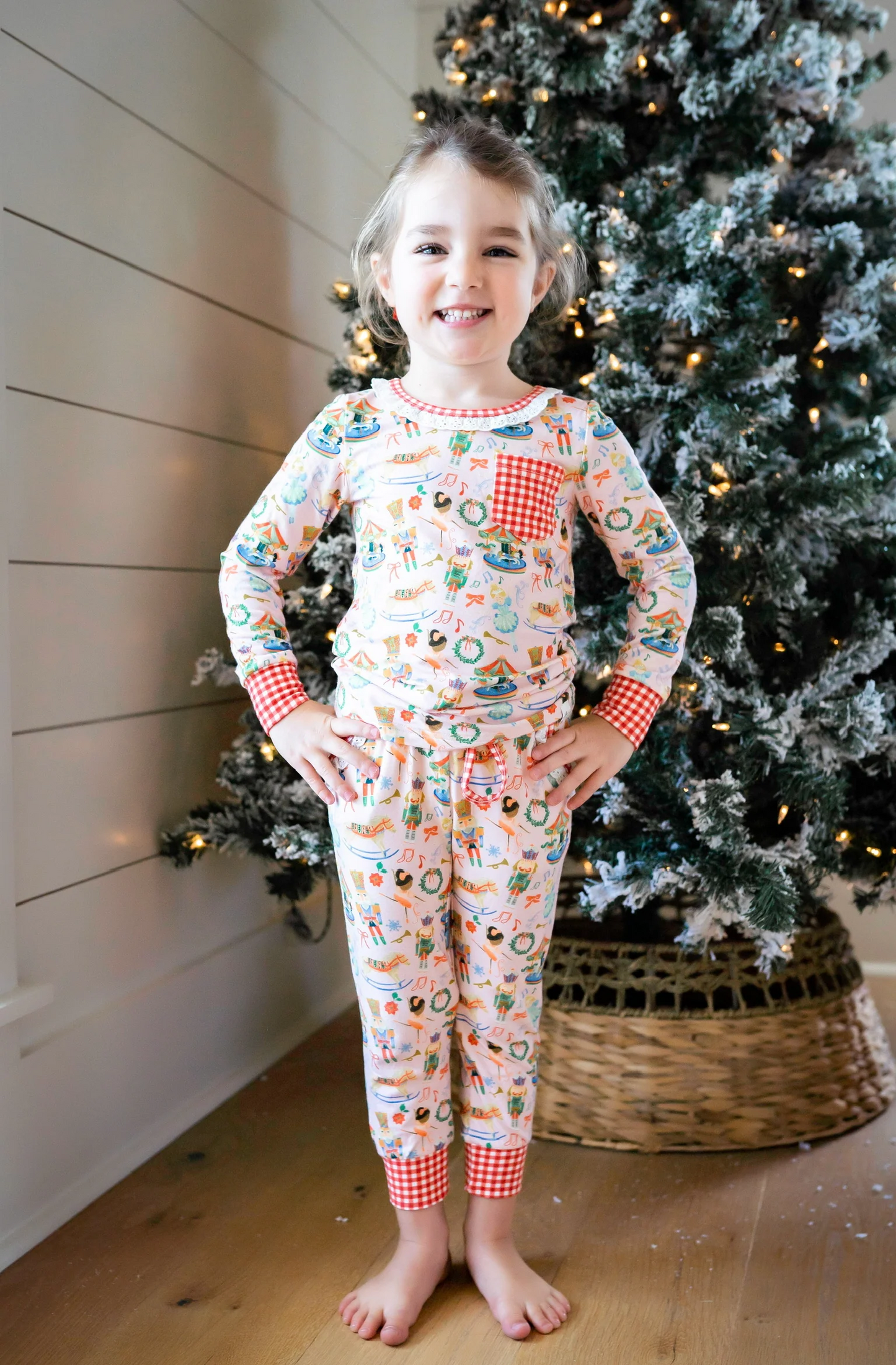 GLP1271 Bamboo Christmas Nutcracker Plaid Pocket Pink Long Sleeve Pants Pajama Set