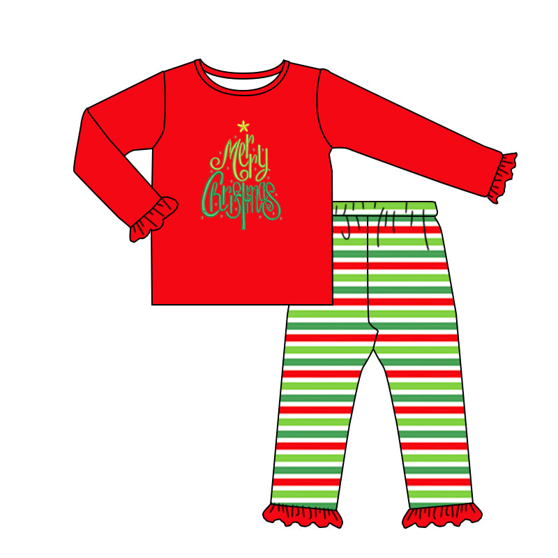 GLP1282 merry christmas lace long sleeve red and green striped trousers pajama set