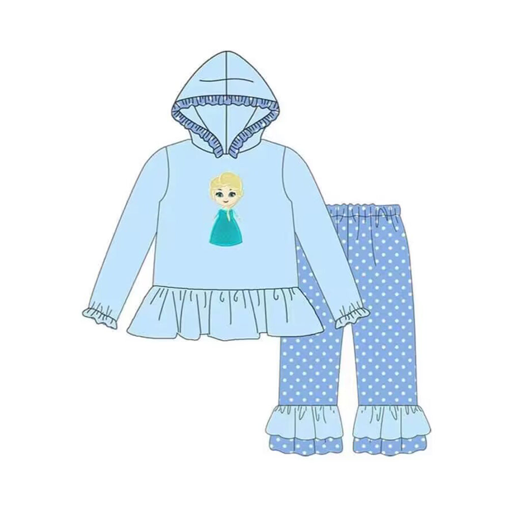 GLP1289 girls Blue Hooded Polka Dot Pants Suit