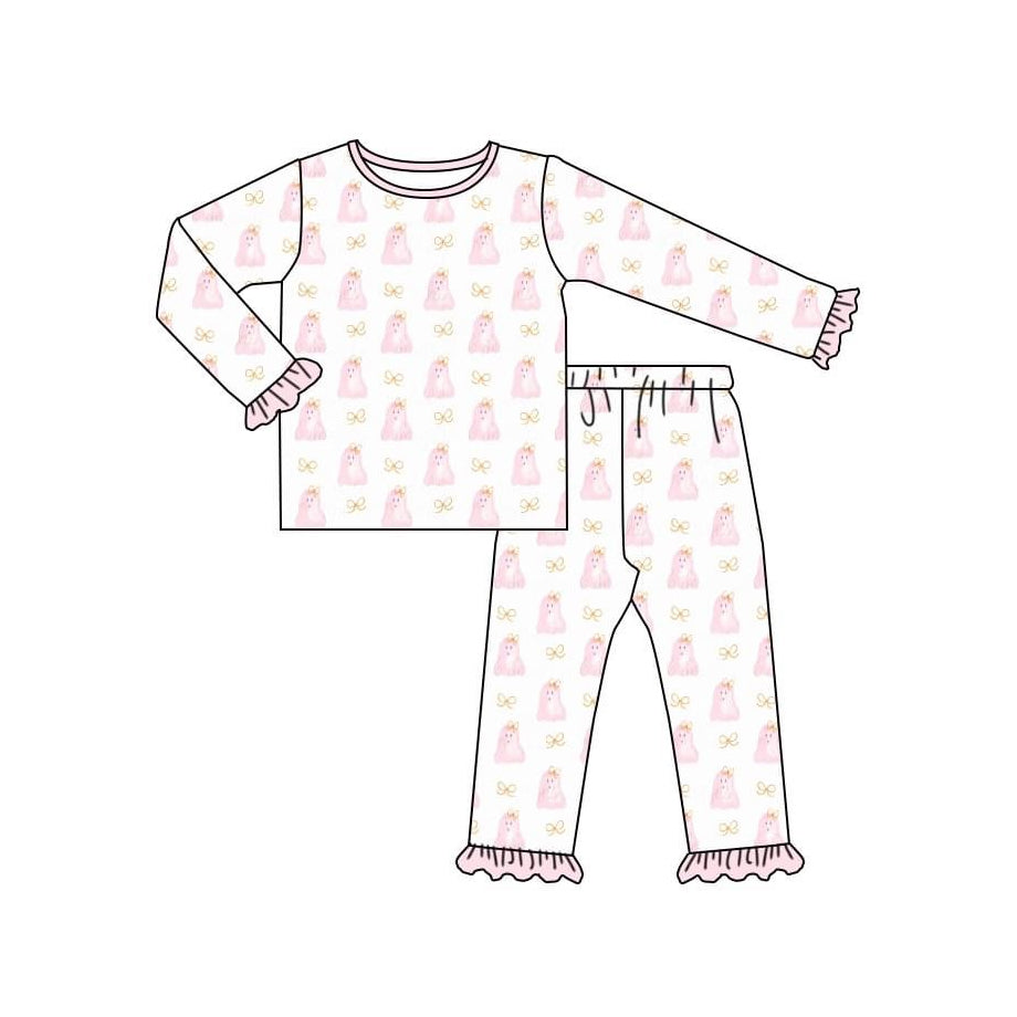 GLP1311 Bamboo Pink ghost lace white long-sleeved long pants pajama set