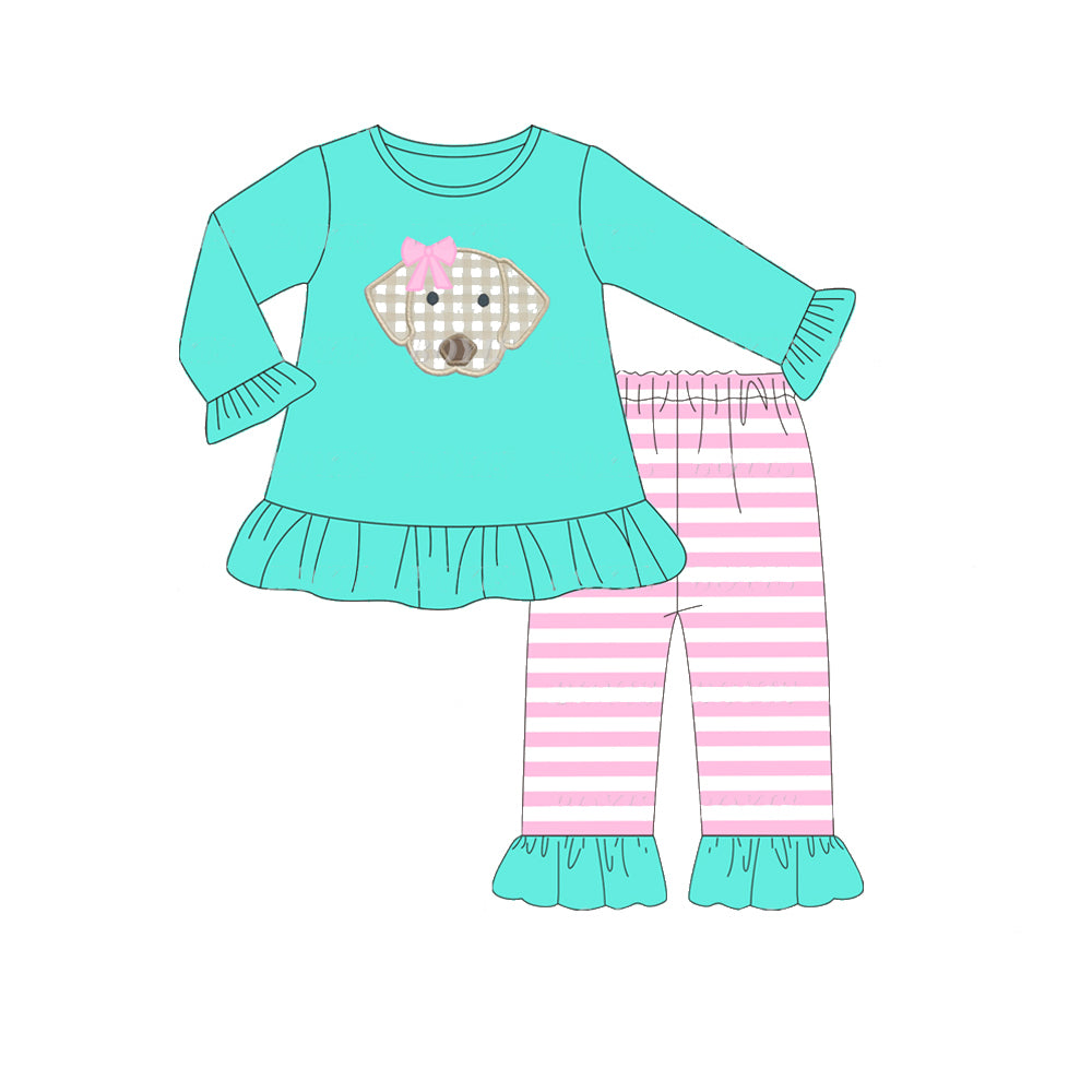 presale GLP1323 Embroidered pink bow puppy pink and white striped lace long-sleeved trousers suit