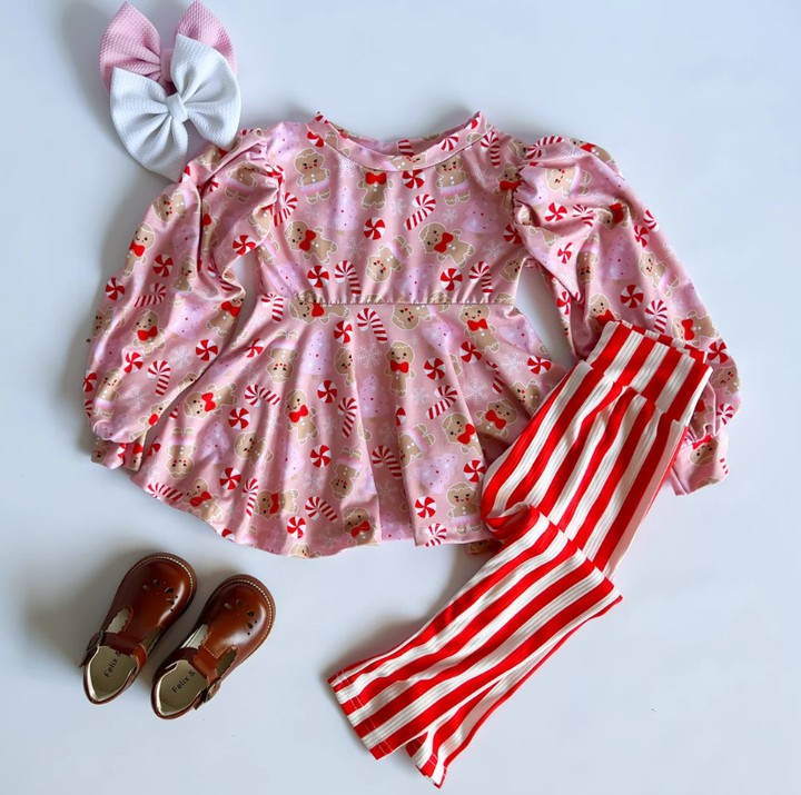 GLP1366 Gingerbread Cane Pink Long Sleeve Red Striped Pants Suit