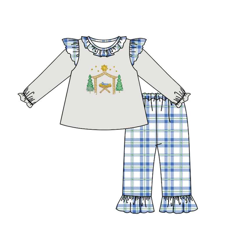 GLP1381 Christmas Tree Jesus Light Grey Long Sleeve Blue Plaid Lace Pants Suit