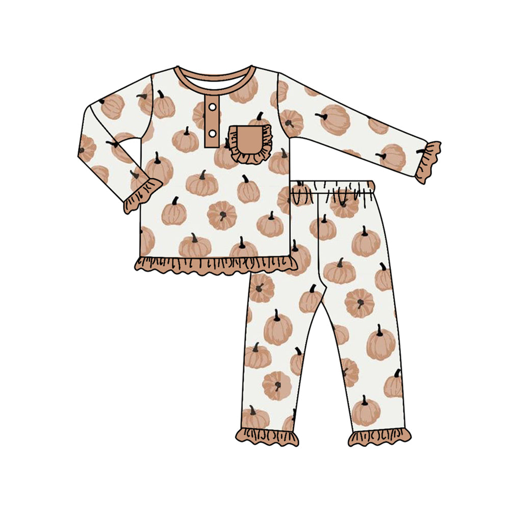 GLP1402 Bamboo Pumpkin Brown Lace Pocket Long Sleeve Long Pants Pajama Set