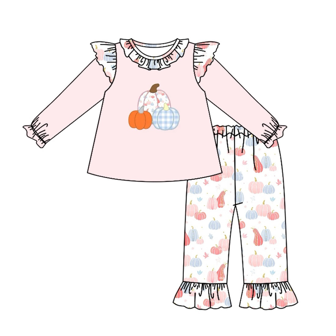 GLP1409 Plaid Pumpkin Lace Pink Long Sleeve Pants Set