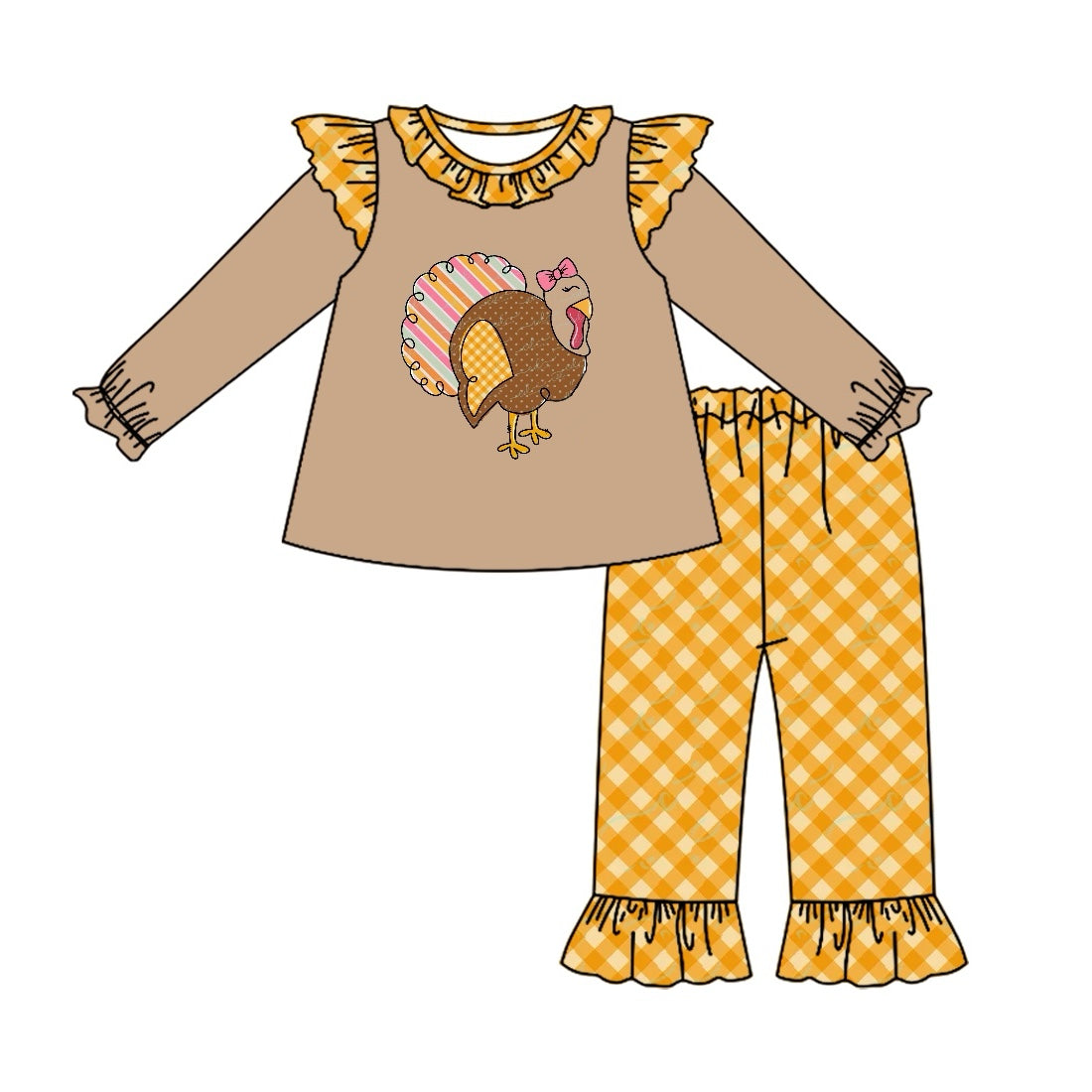 GLP1410 Colorful Striped Turkey Orange Plaid Brown Long Sleeve Pants Set